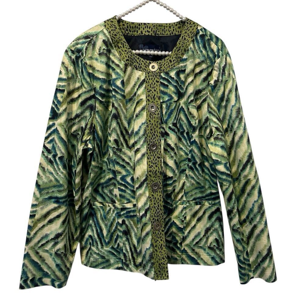 Susan Graver Blazer Jacket Women XL Green Abstract Animal Button Front Artsy Wor